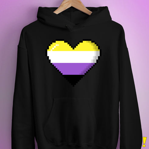Nonbinary Pride 8-Bit Pixel Heart Hoodie - Black